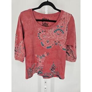 Glima Womens Sz XL 3/4 Sleeve T Shirt Salmon Pink Floral Tribal Print